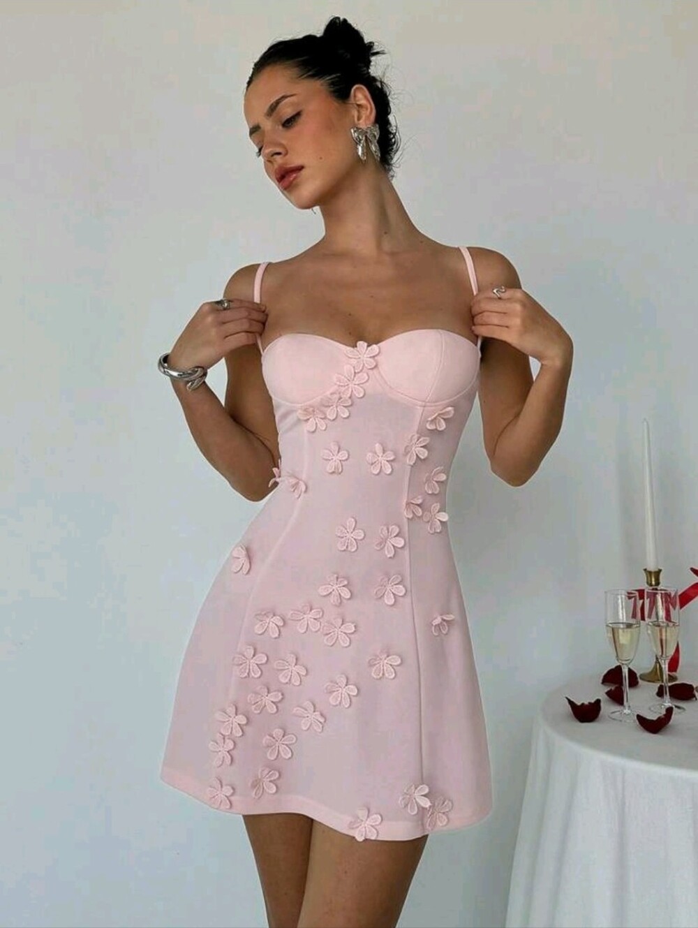 Aloruh Front Flower Embellishment Slim Fit A-Line Camisole Dress